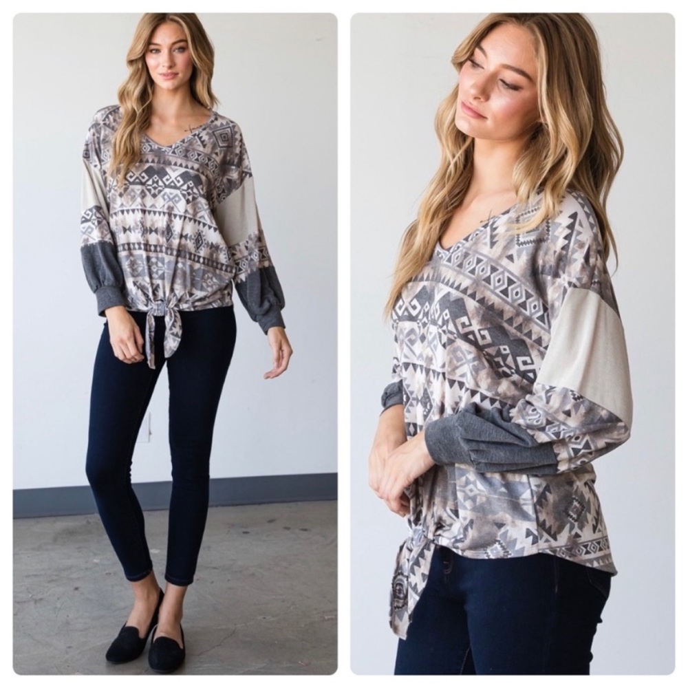 21. $7 LAST ONE ✨ Aztec Ruffled Sleeve Self Tie Front Top - Picture 3 of 4